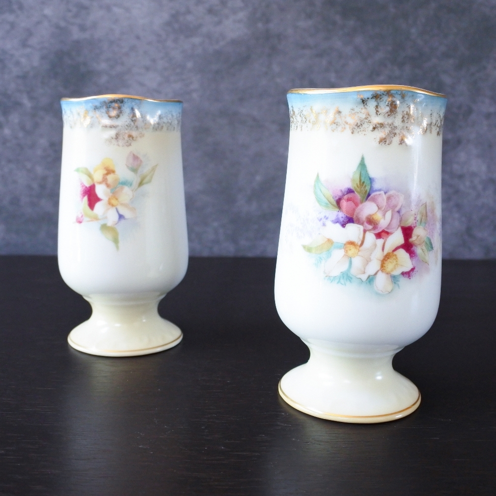 Antique RS Prussia Suhl Porcelain Blue Gold Floral Vase Pair